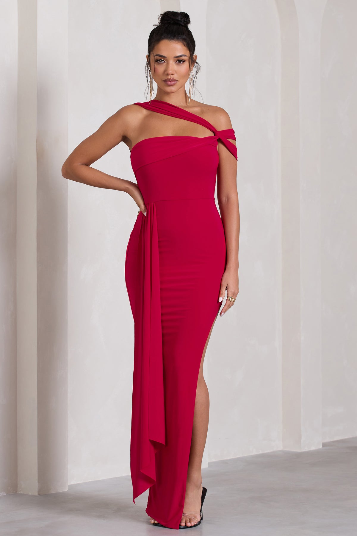 To The Max Red Strappy Asymmetric Split Maxi Dress With Drape – Club L ...