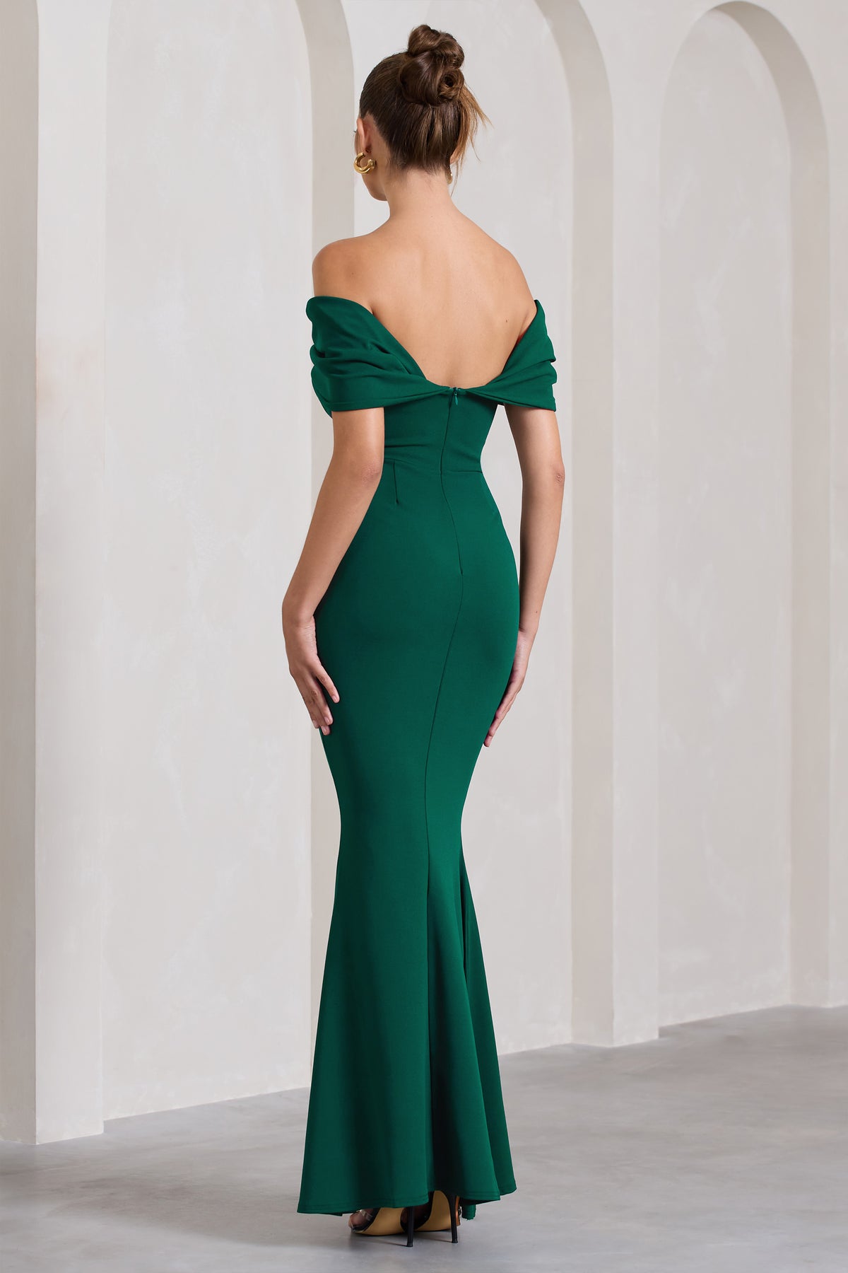 Dana Bottle Green Bardot Maxi Dress With Short Gathered Sleeves – Club ...