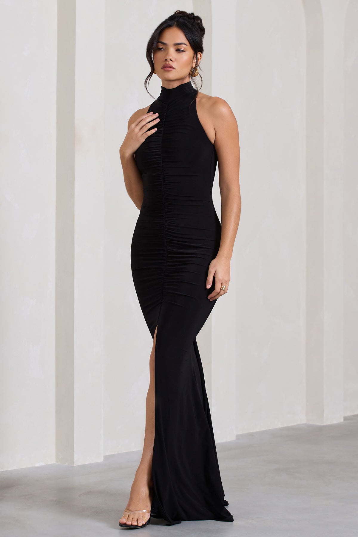 Memorable Black Ruched High-Neck Split Fishtail Maxi Dress – Club L ...