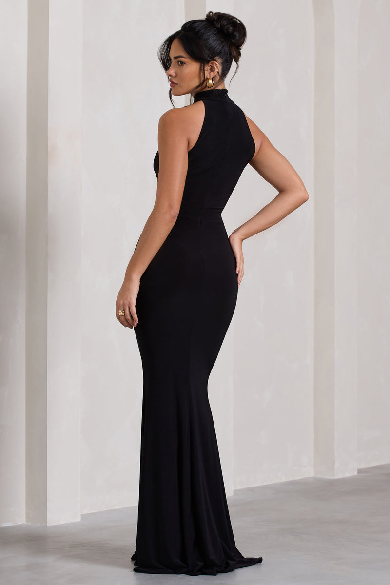 Memorable Black Ruched High-Neck Split Fishtail Maxi Dress – Club L ...