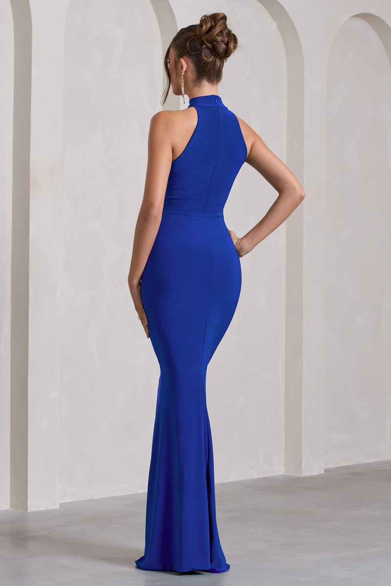 Memorable Cobalt Blue Ruched High-Neck Split Fishtail Maxi Dress – Club ...