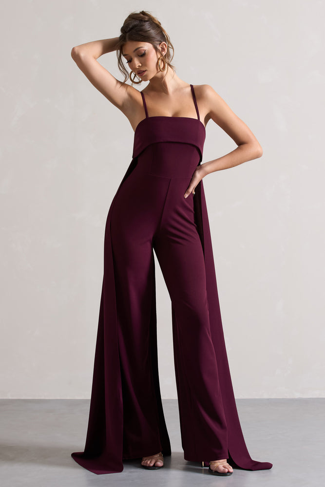 Amaya Dark Plum Bandeau Wide-Leg Jumpsuit With Cape – Club L London - UK