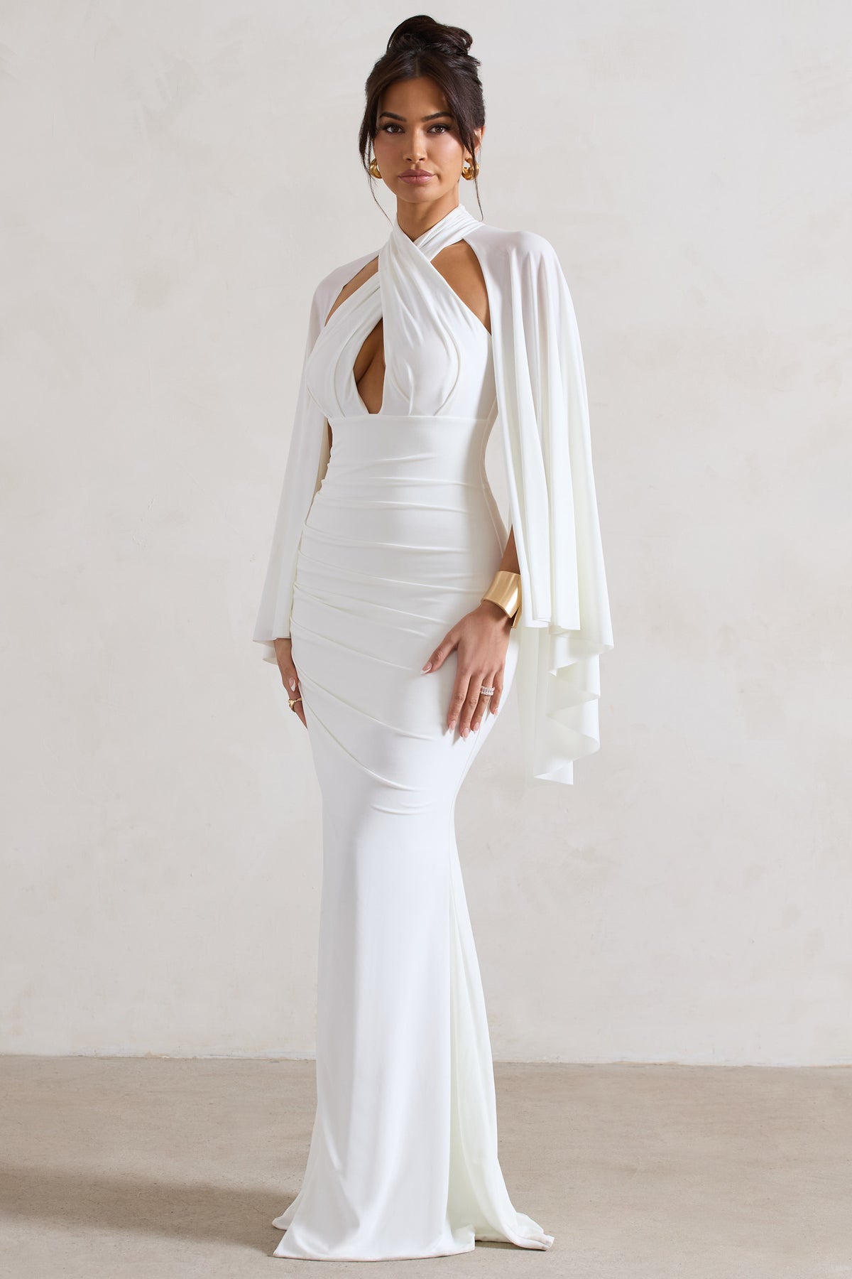 Audrina White Ruched Halter-Neck Split Maxi Dress With Cape – Club L ...