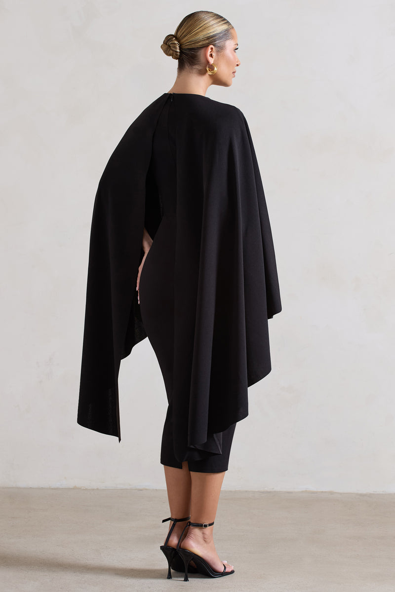 Tranquility Black Gathered Midi Dress With Cape – Club L London - UK