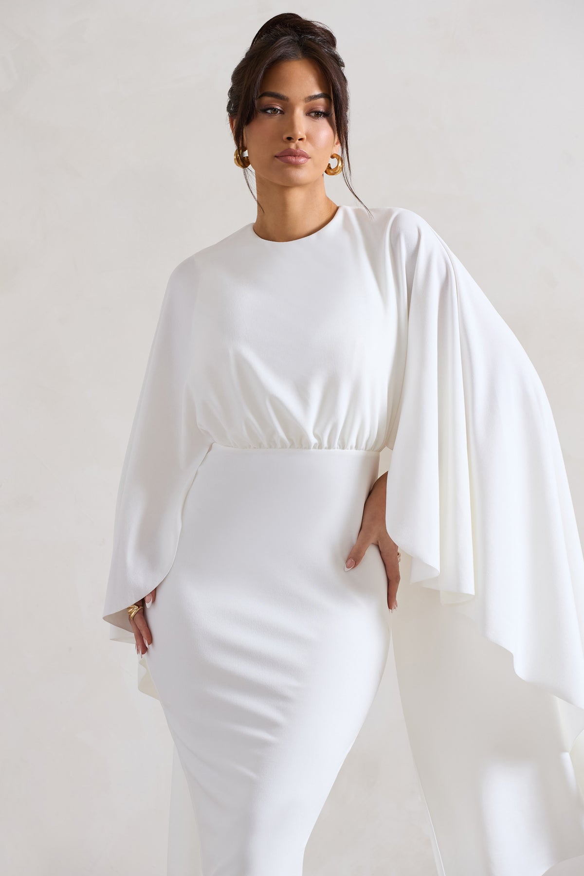 Tranquility White Gathered Midi Dress With Cape – Club L London - UK