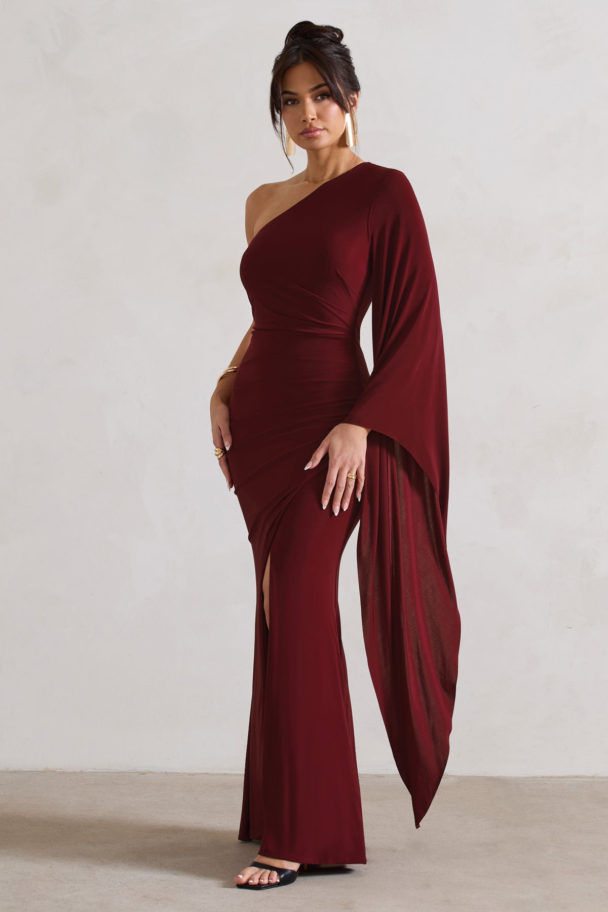 Berry layered split store front maxi dress