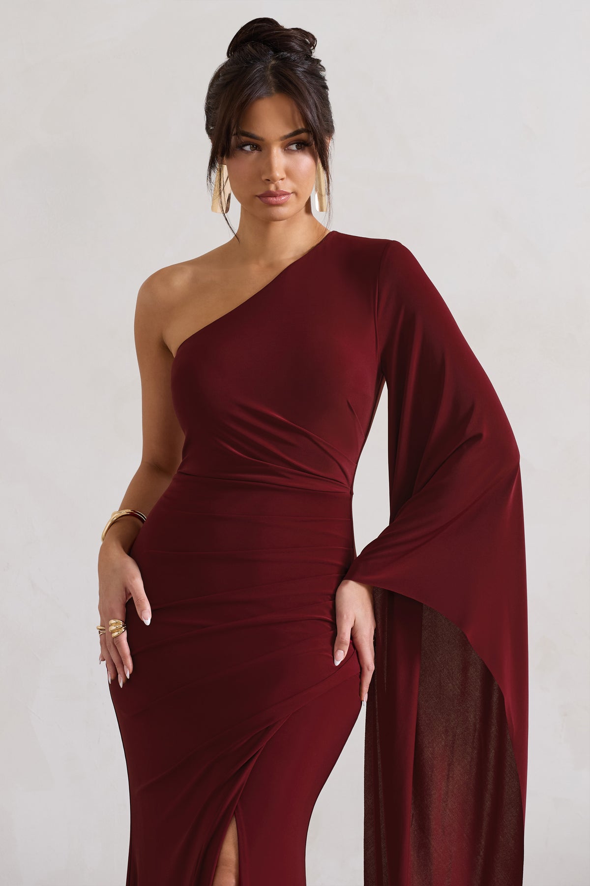 Berry layered split store front maxi dress