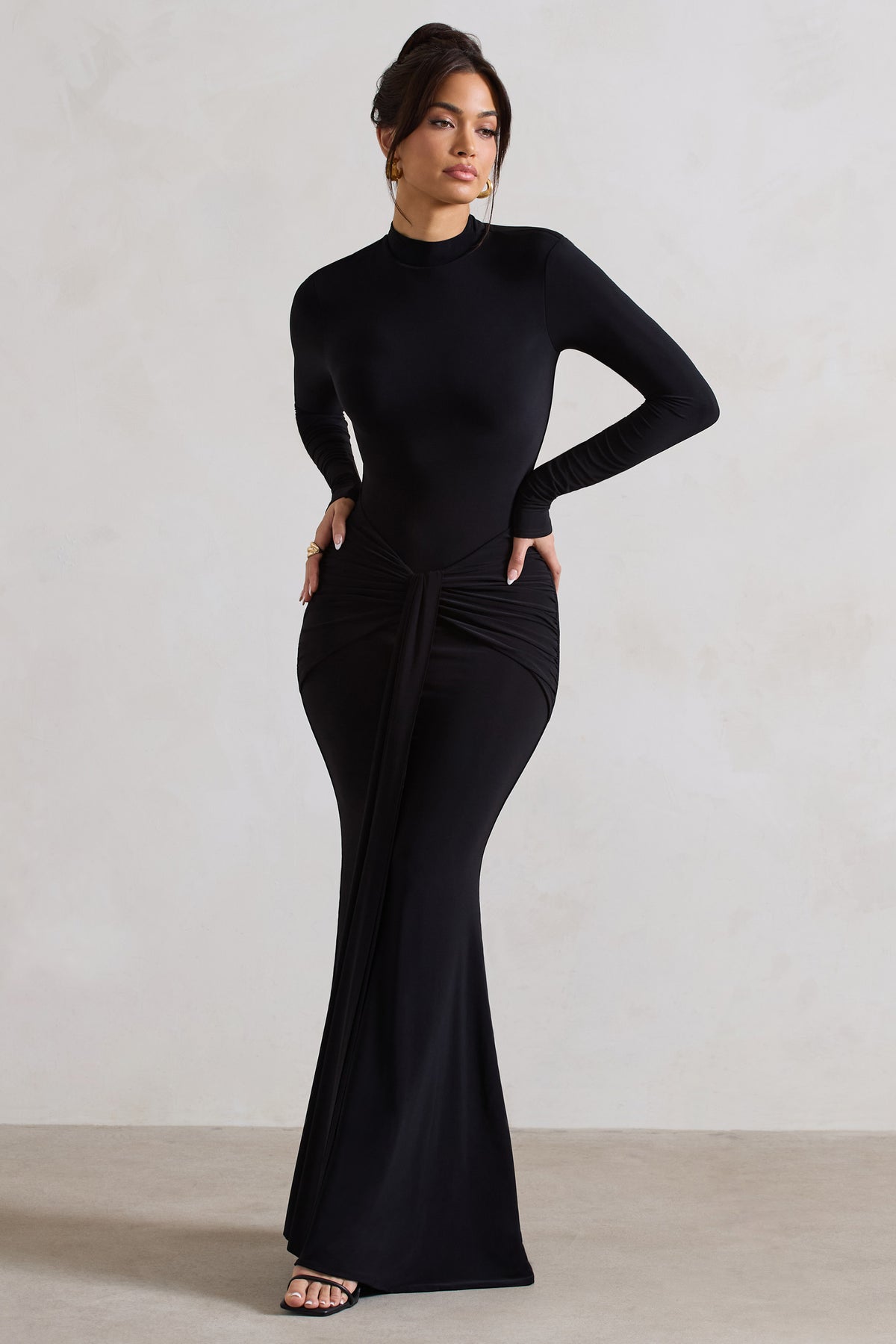 Pietra Black High-Neck Long Sleeve Knot Maxi Dress – Club L 
