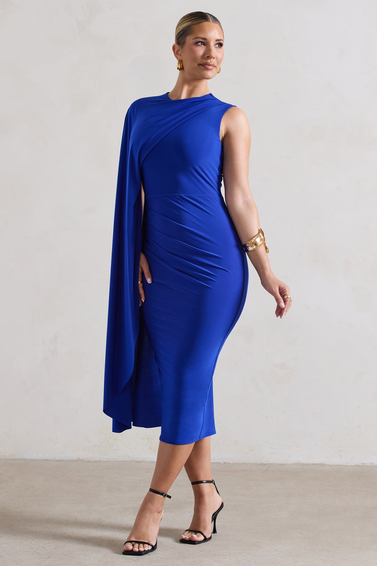 Reveal Royal Blue One Sleeve Cape Midi Dress Club L London UK