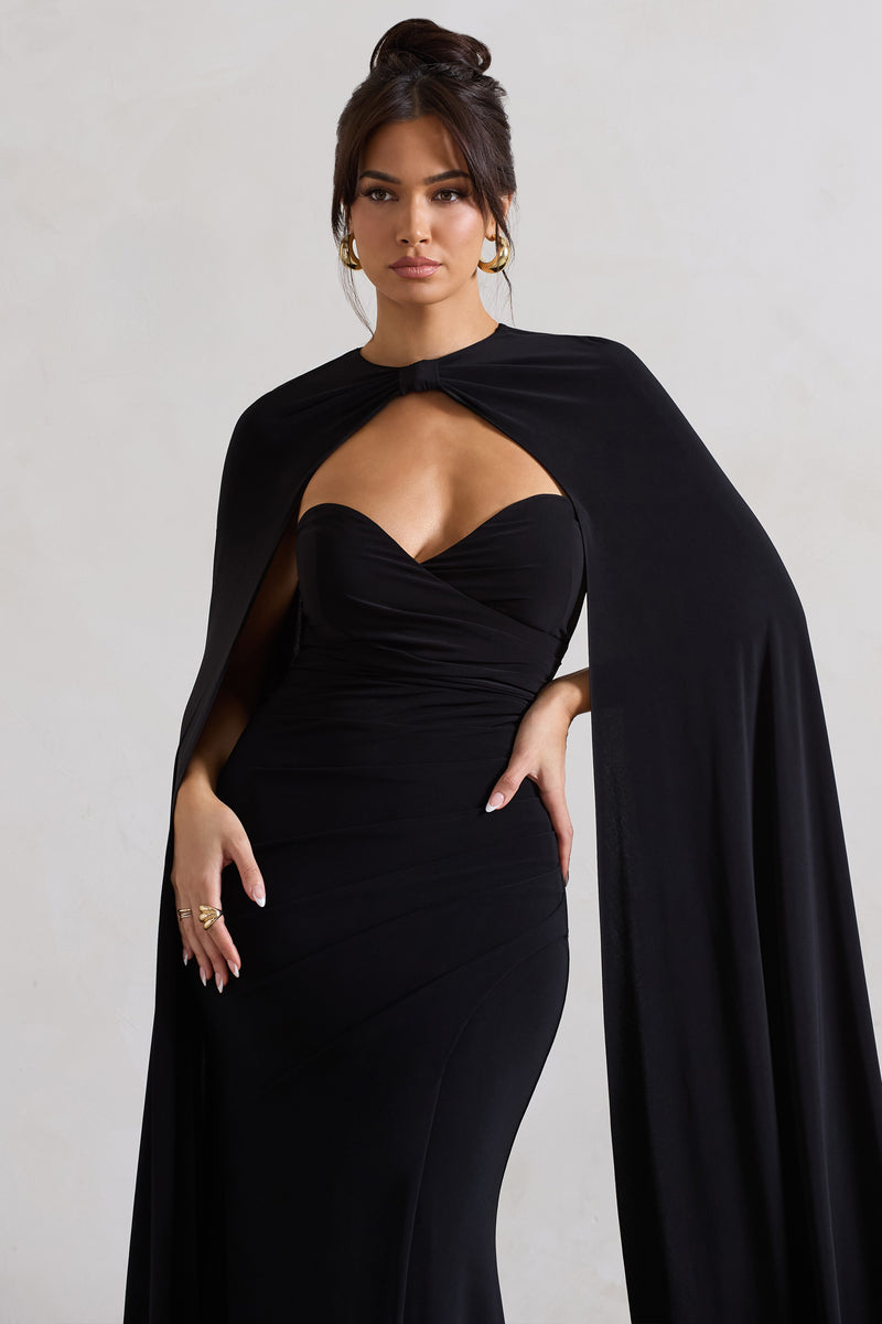 Reign Black Corset Wrap Maxi Dress With Cape – Club L London - UK