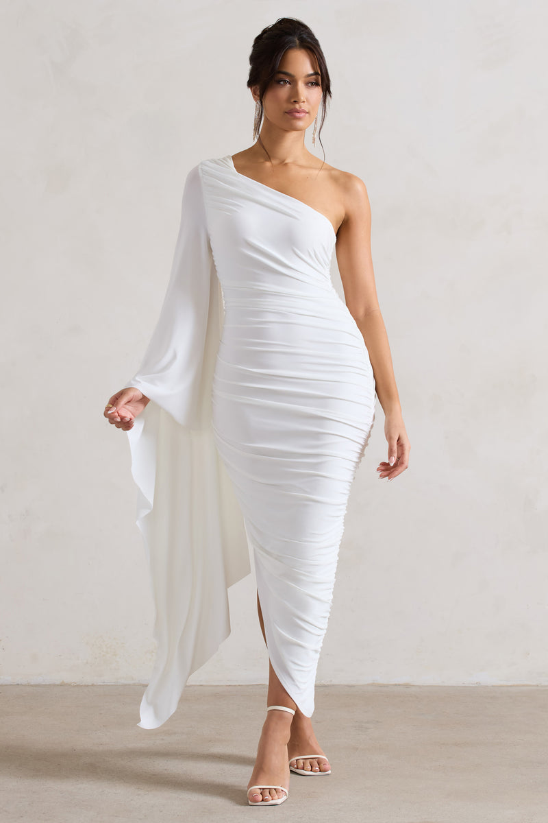 Halsey White Ruched One Shoulder Cape Sleeve Asymmetric Midi Dress ...