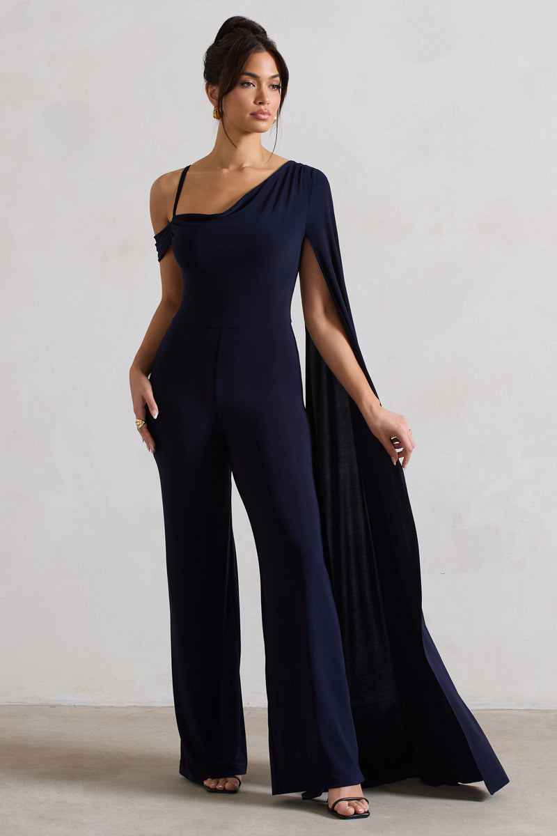 Jelena Navy Asymmetric Draped Straight-Leg Jumpsuit With Cape Sleeve ...