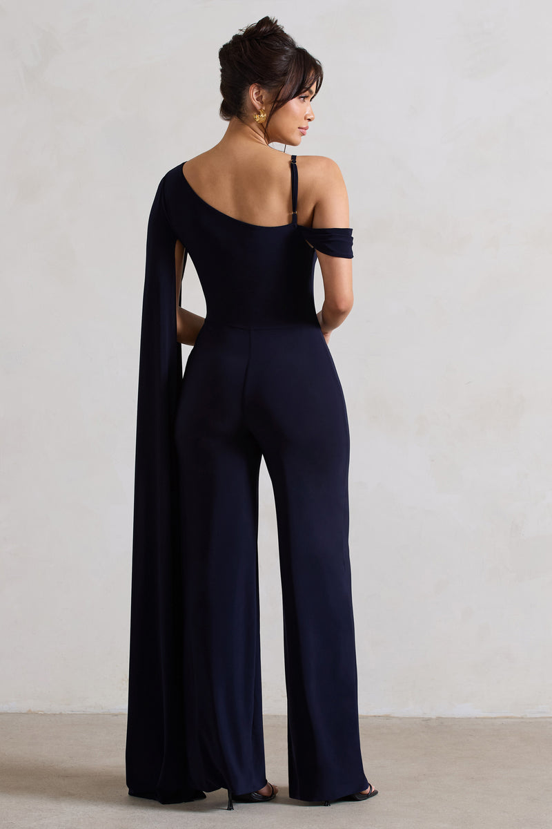 Jelena Navy Asymmetric Draped Straight-Leg Jumpsuit With Cape Sleeve ...