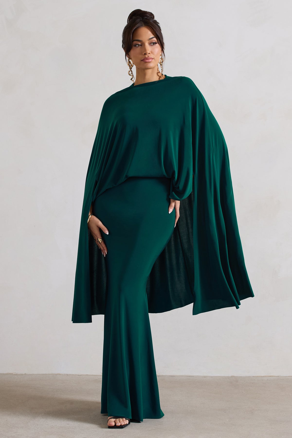 Charmaine Bottle Green High-Neck Maxi Dress With Cape – Club L London - UK