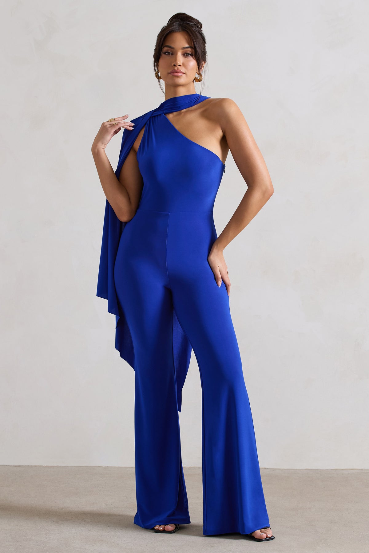Offset Royal Blue Asymmetric Flared-Leg Jumpsuit With Cape Sleeve ...