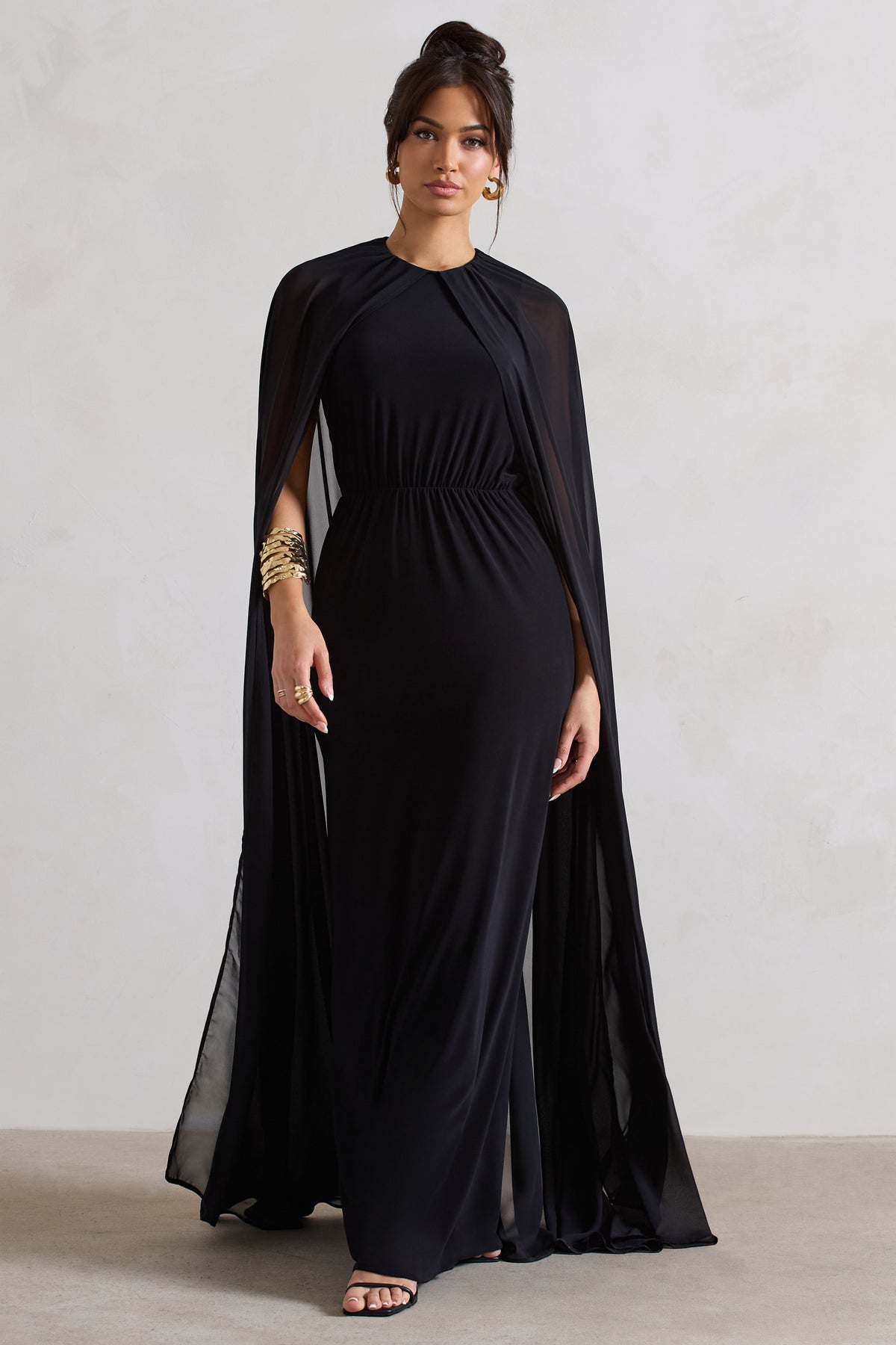 Envy Black Gathered Maxi Dress With Chiffon Cape Club L London UK