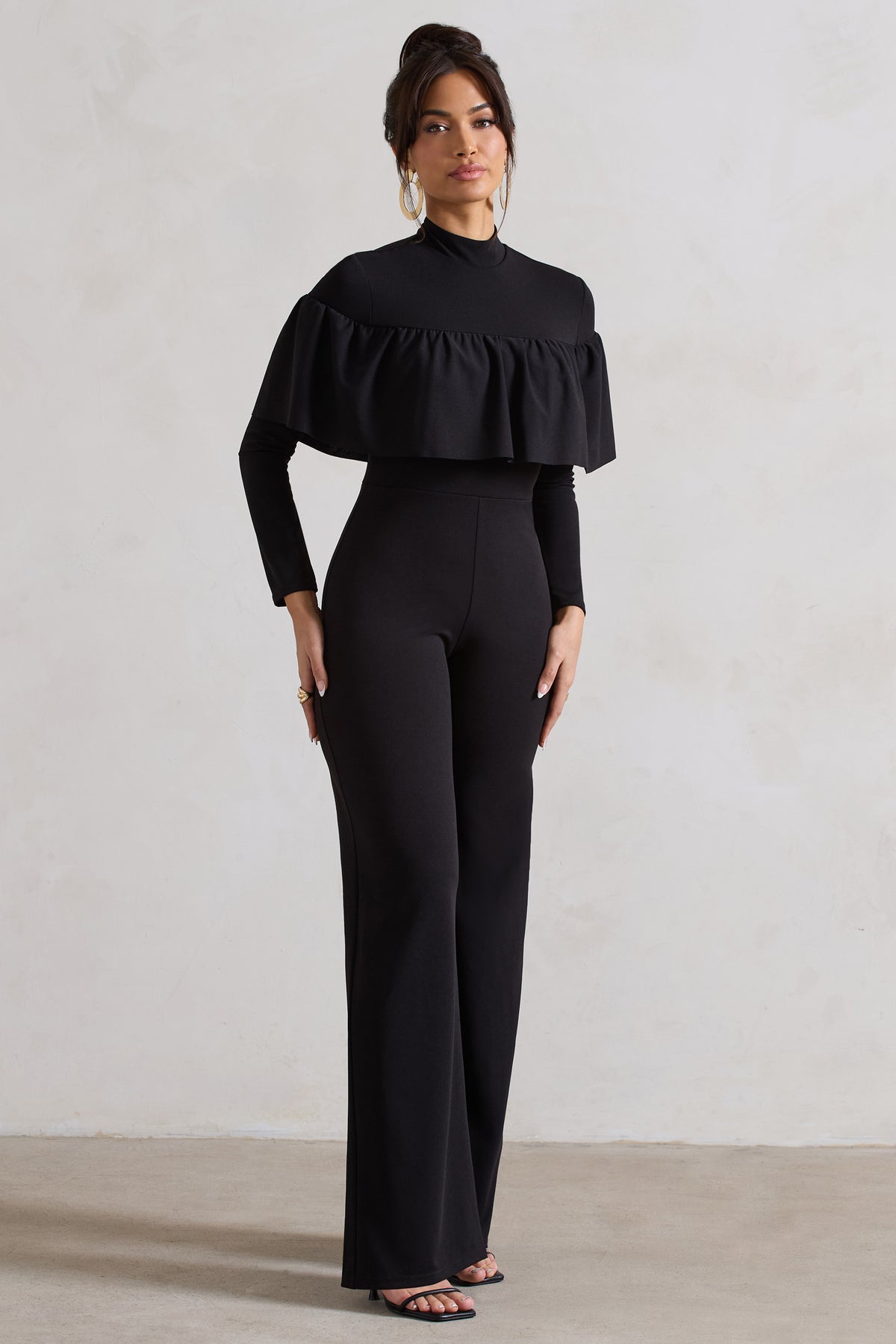 For The Frill Black High-Neck Straight-Leg Jumpsuit With Frills – Club ...