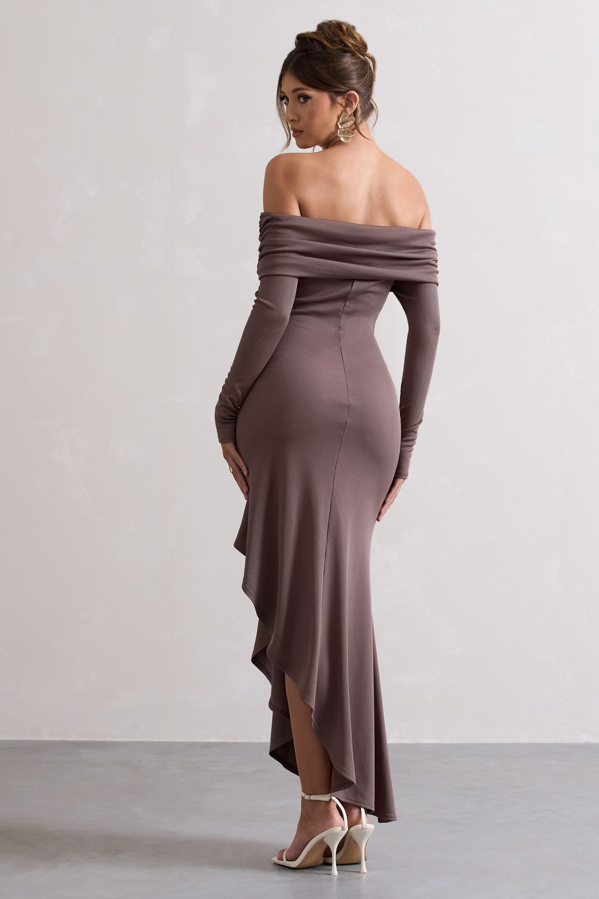 Romina Mocha Rib Knit Bardot Maxi Dress With Asymmetric Hem – Club