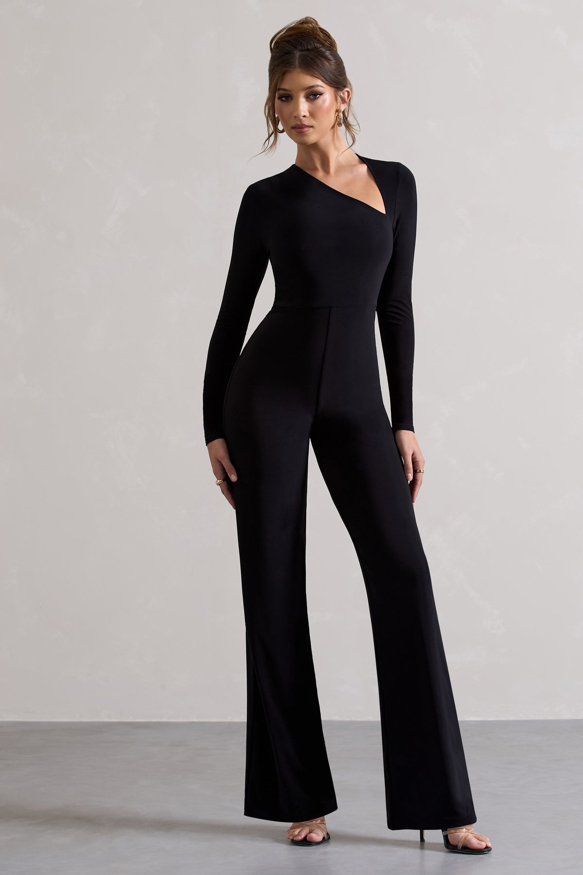 Yalina Black Asymmetric Long Sleeve Wide-Leg Jumpsuit – Club L London - UK