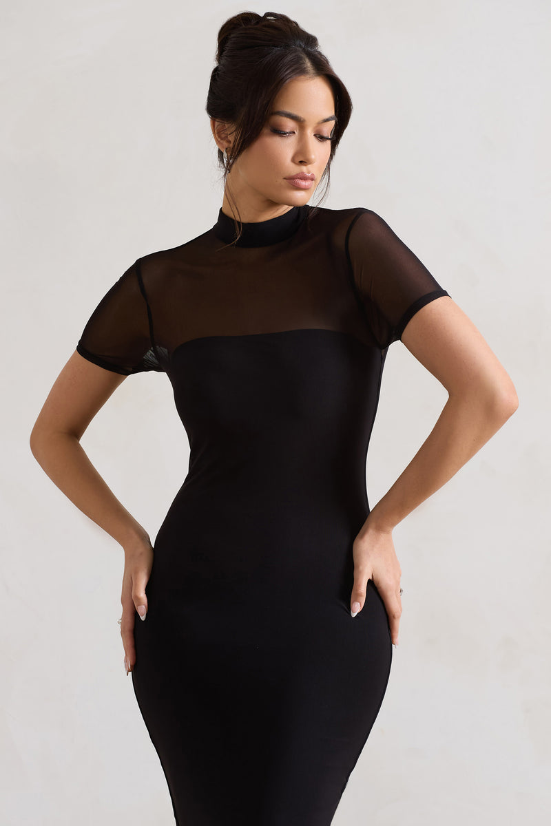 Melinda Black High-Neck Short Sleeve Midi Dress – Club L London - UK