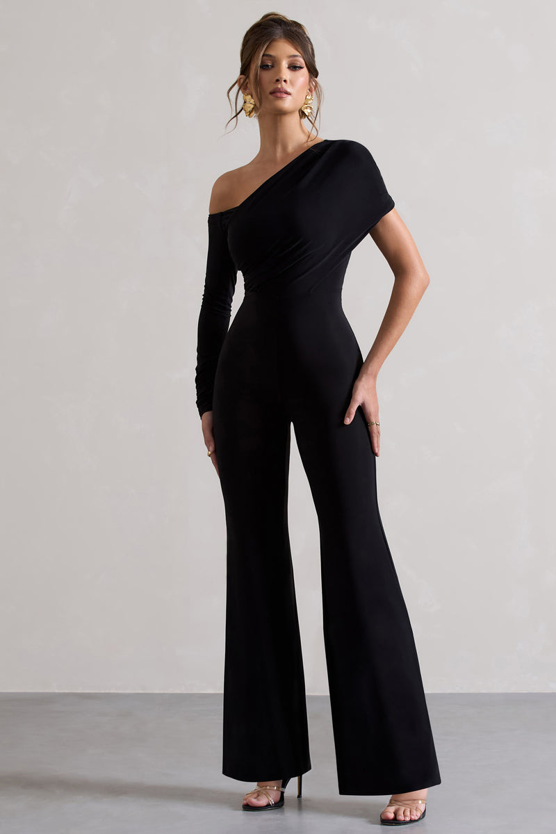 Rotate Black Ruched Asymmetric Cut-Out Flared-Leg Jumpsuit – Club L ...