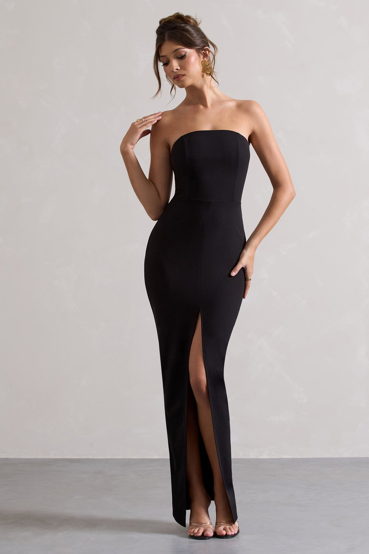 Cailin | Black Strapless Split Maxi Dress - Club L 