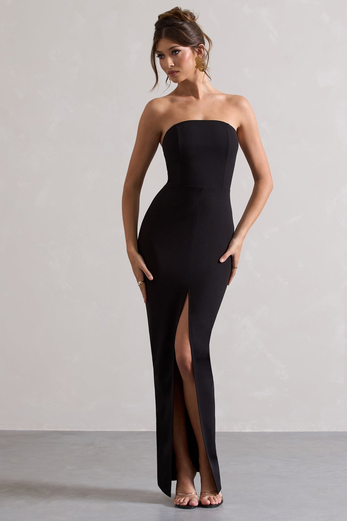 Cailin | Black Strapless Split Maxi Dress - Club L 
