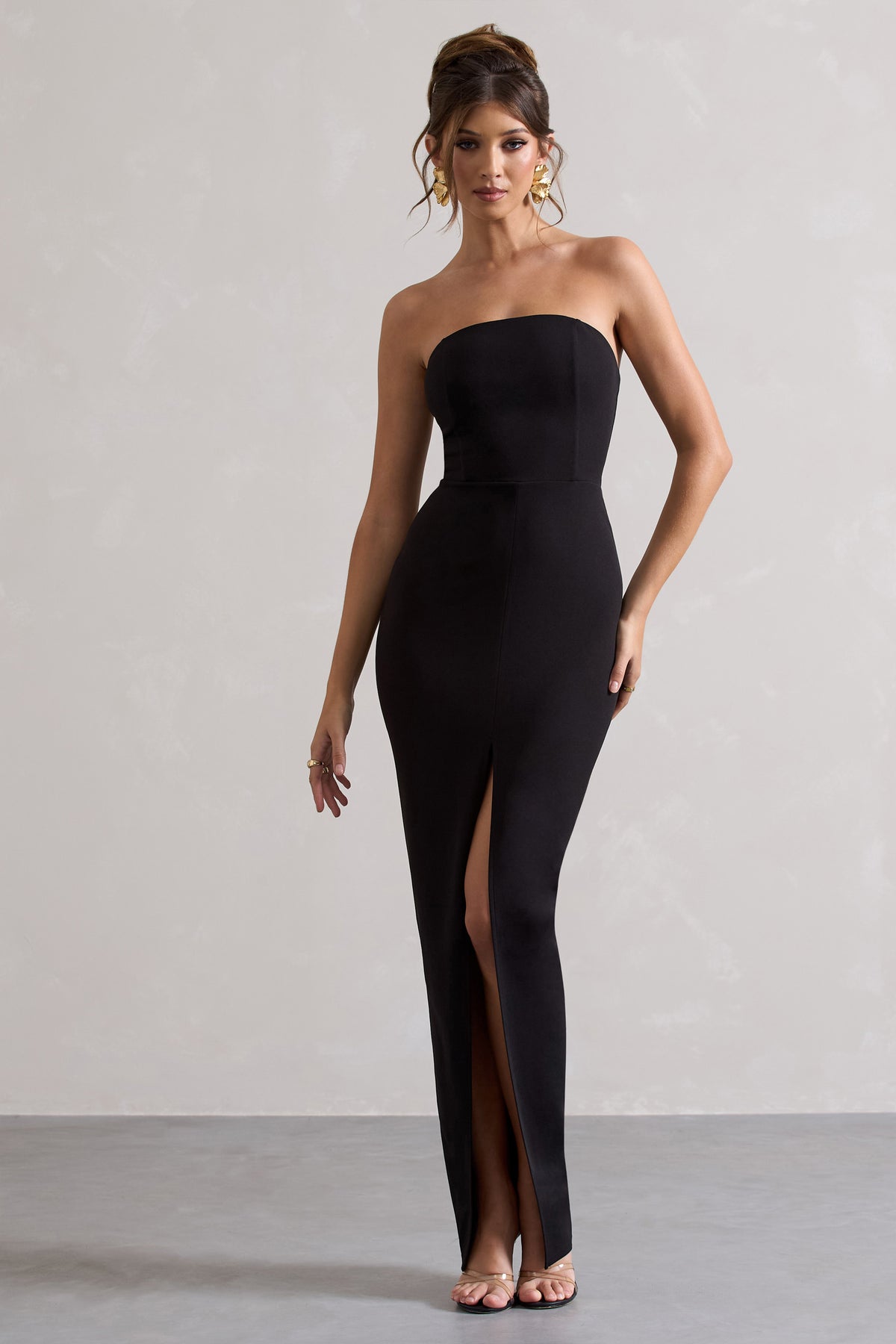 Cailin | Black Strapless Split Maxi Dress - Club L 
