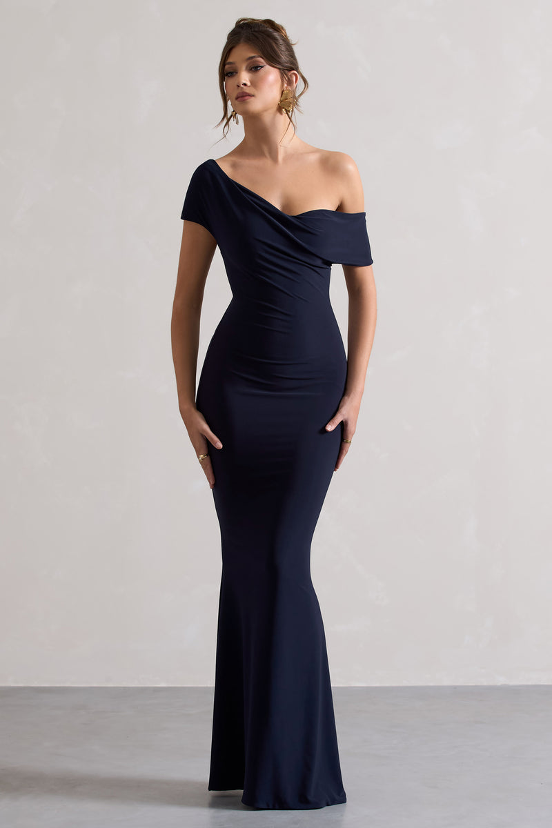 Avila Navy Asymmetric Bardot Maxi Dress – Club L London - UK