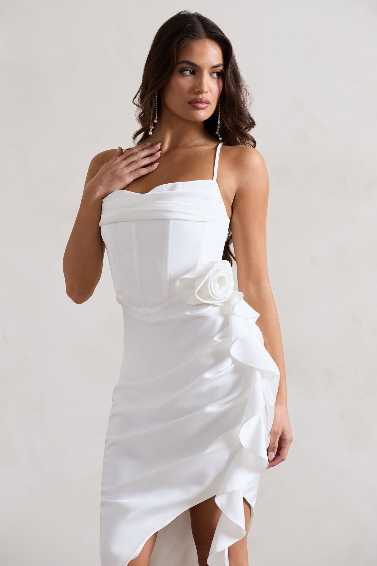 On The List White Asymmetric Corset Maxi Dress With Floral Drape