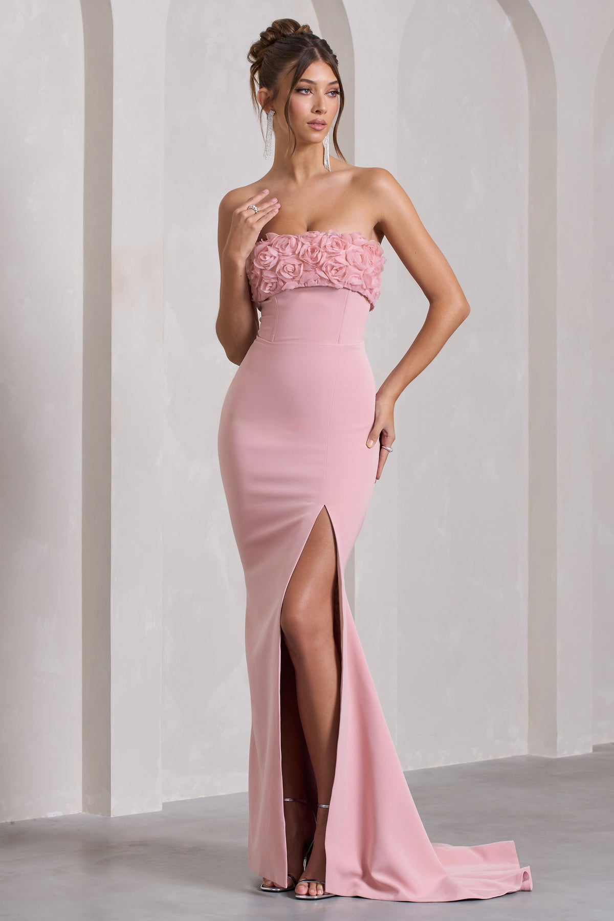 Allegra Pink Bandeau Split Fishtail Maxi Dress With Flowers – Club