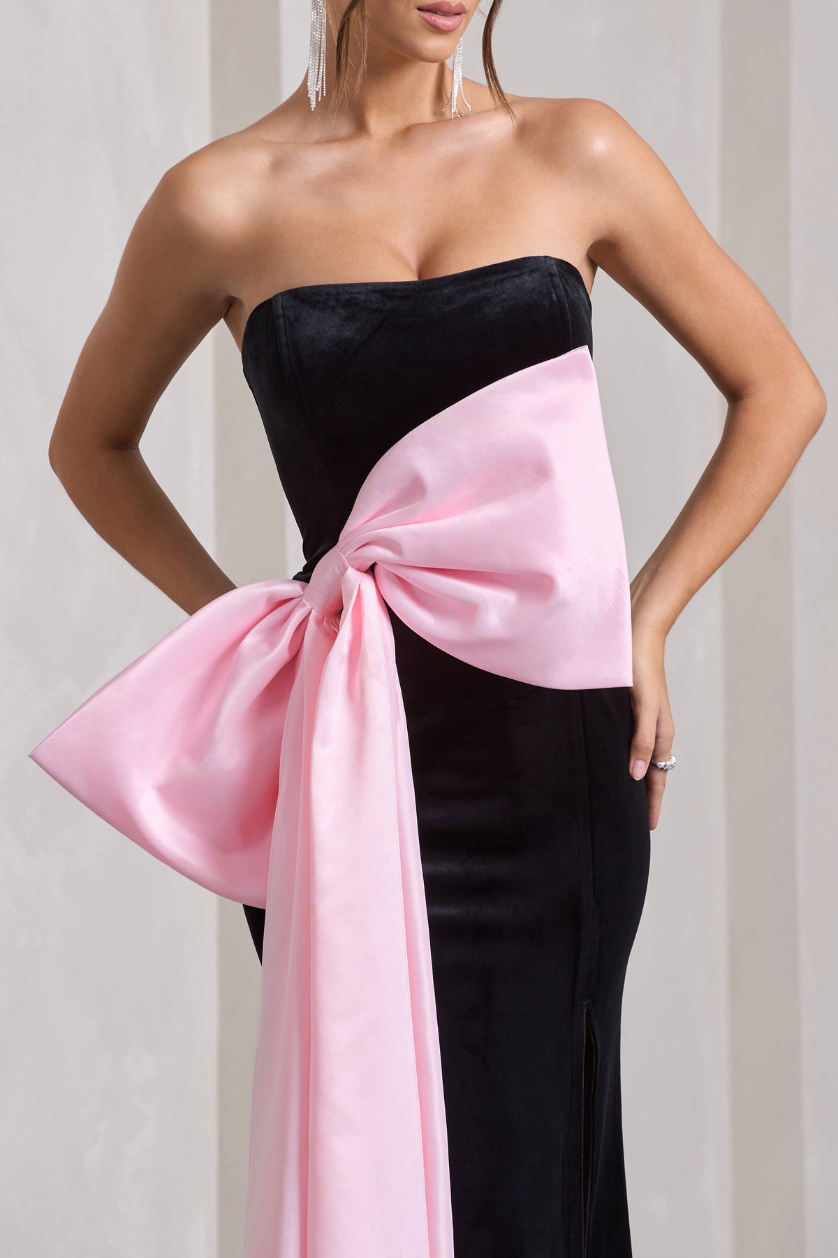 Best Wishes Black Velvet Bandeau Split Maxi Dress With Oversized 