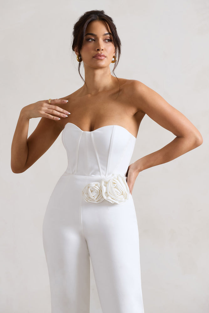 Sonia White Sweetheart Corset Straight-Leg Jumpsuit With