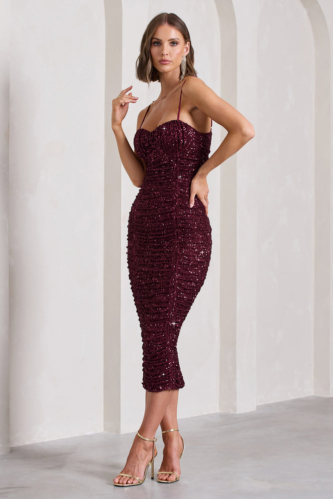 New Energy Gold Sequin Strappy Ruched Bodycon Midi Dress – Club L London -  USA