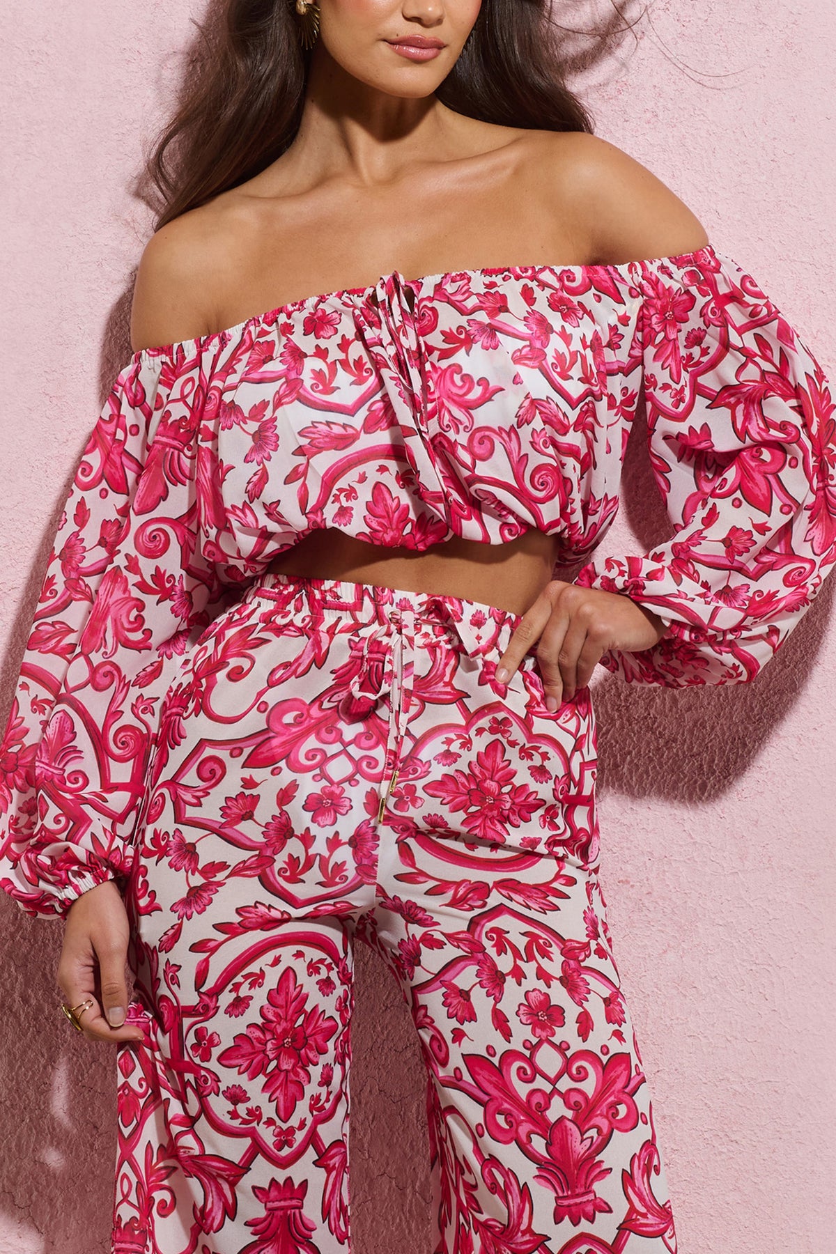 Joi | Pink Porcelain Print Chiffon Bardot Crop Top - Club L 