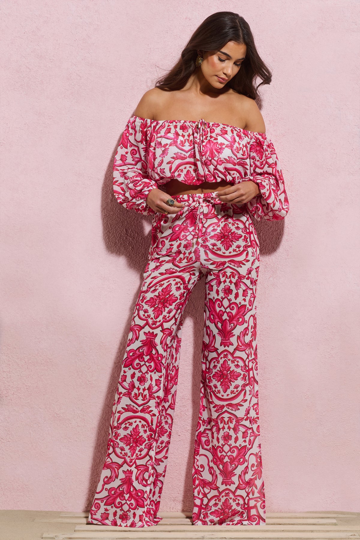 Bea | Pink Porcelain Print Chiffon Split Wide-Leg Trousers - Club L 
