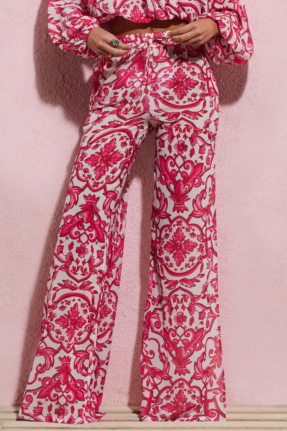 Bea | Pink Porcelain Print Chiffon Split Wide-Leg Trousers - Club L 