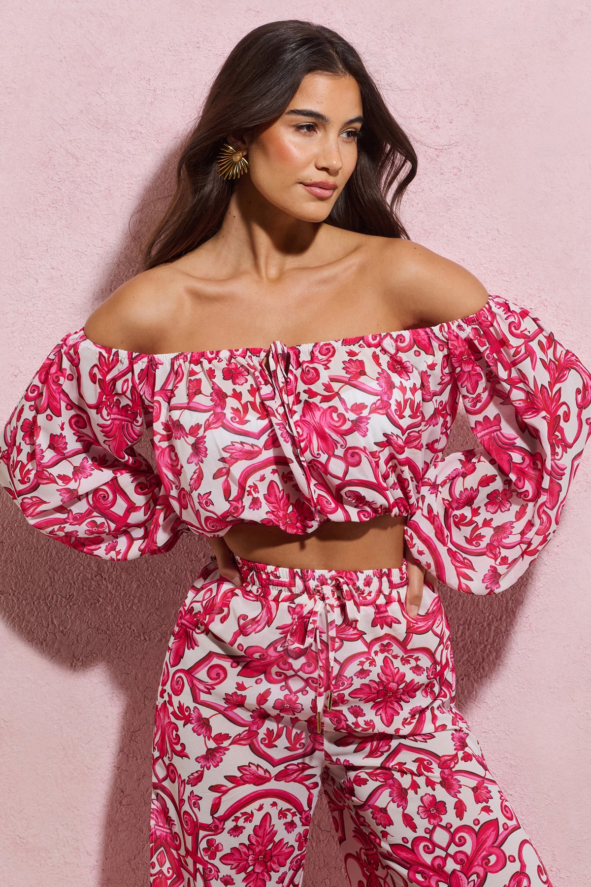 Joi | Pink Porcelain Print Chiffon Bardot Crop Top - Club L 