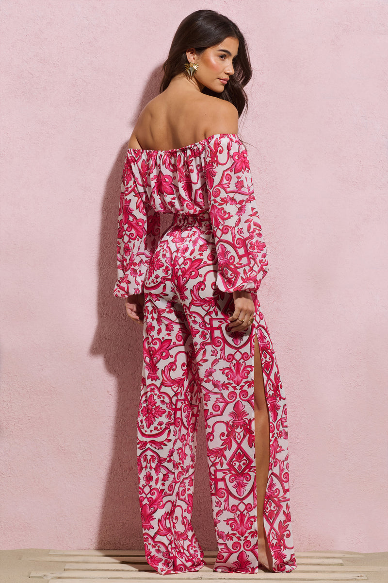 Bea | Pink Porcelain Print Chiffon Split Wide-Leg Trousers - Club L 