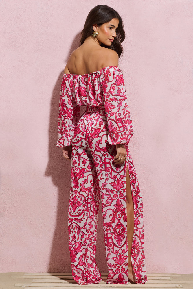 Bea Pink Porcelain Print Chiffon Split Wide-Leg Trousers – Club L 