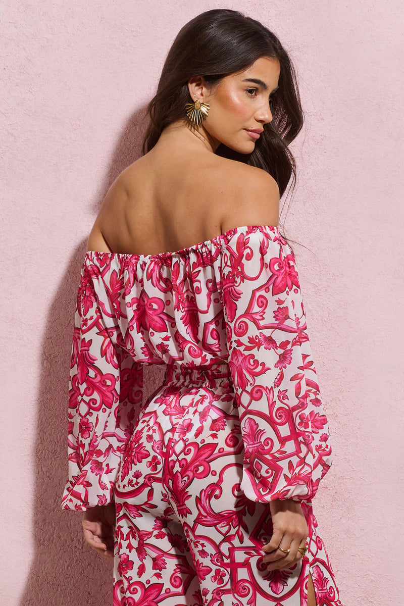 Joi | Pink Porcelain Print Chiffon Bardot Crop Top - Club L 