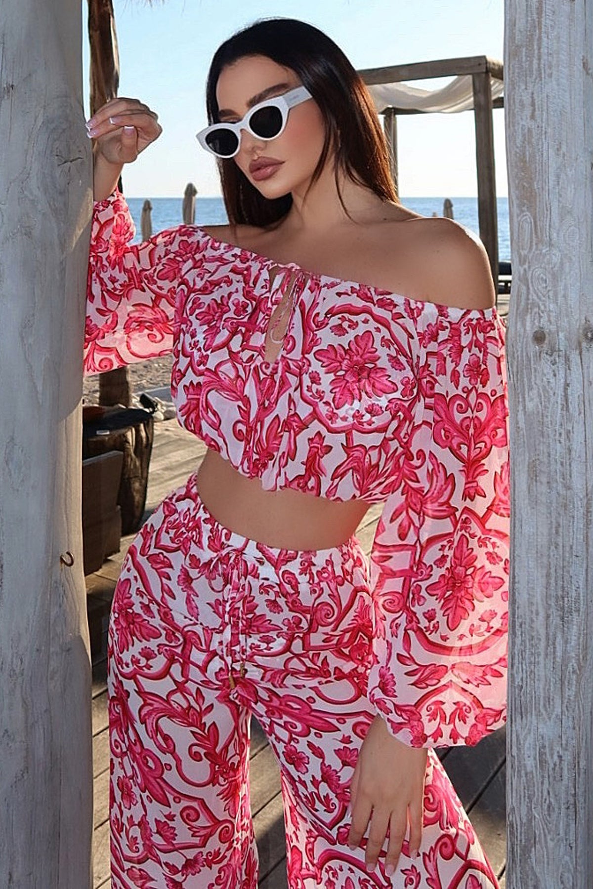 Joi | Pink Porcelain Print Chiffon Bardot Crop Top - Club L 