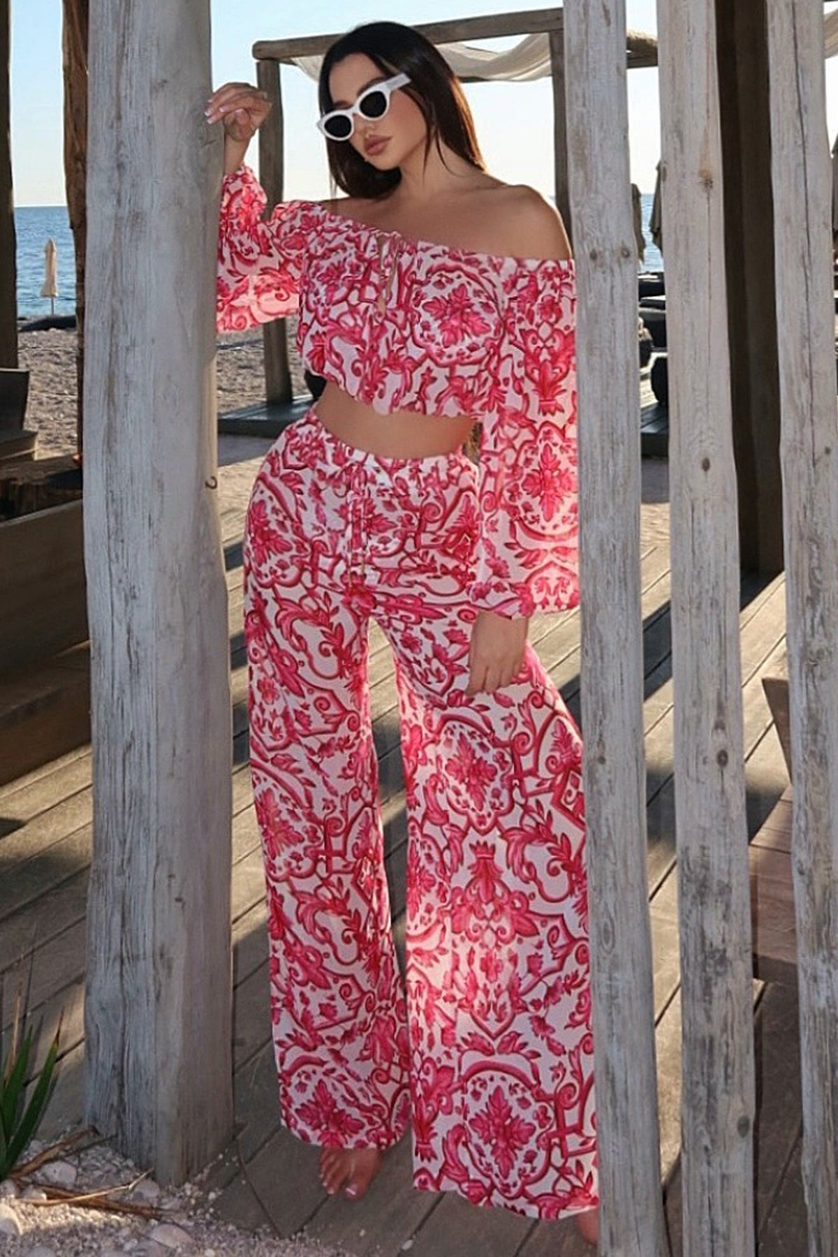 Bea | Pink Porcelain Print Chiffon Split Wide-Leg Trousers - Club L 