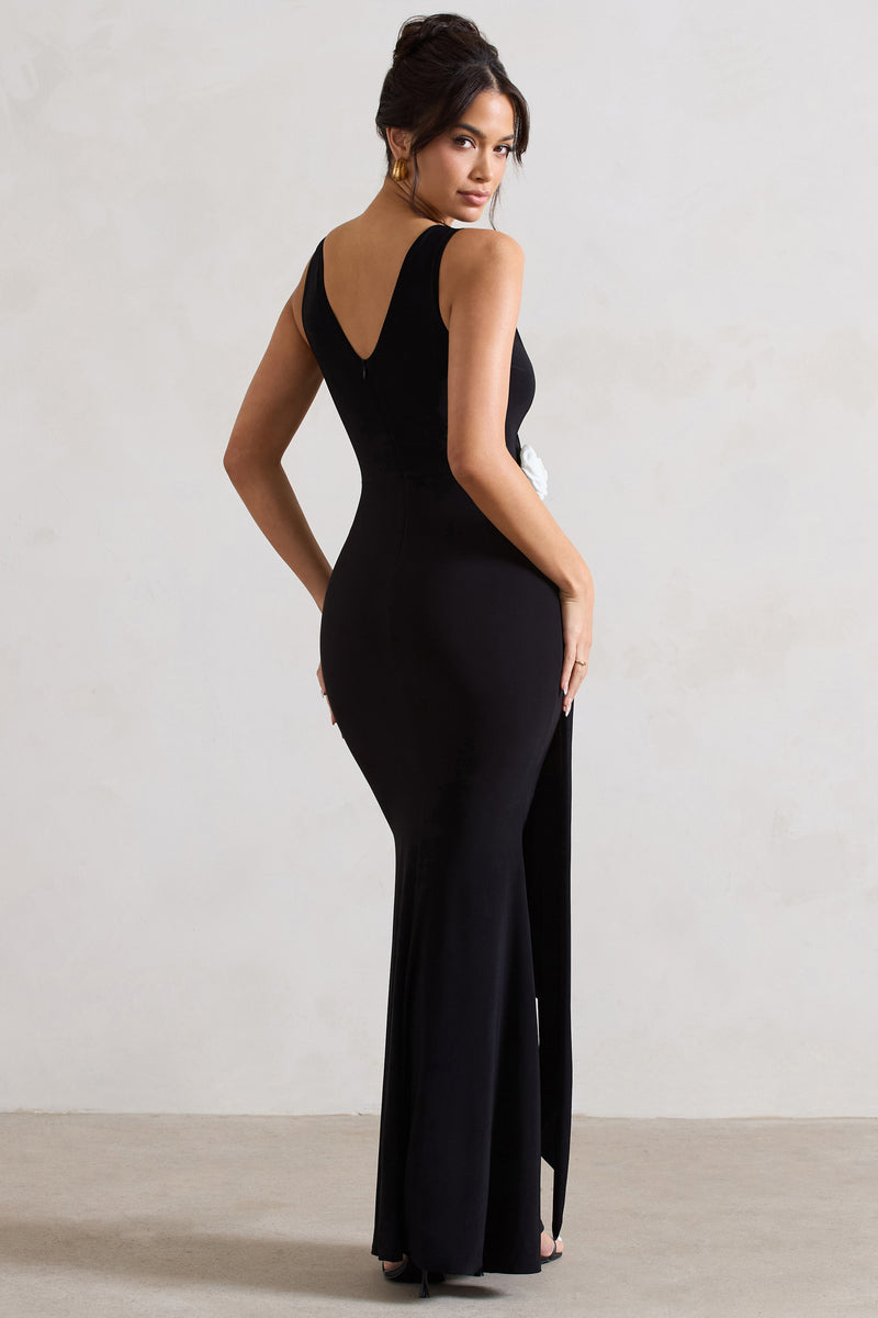 Endora Black Split Maxi Dress With Corsage & Drape – Club L London - UK