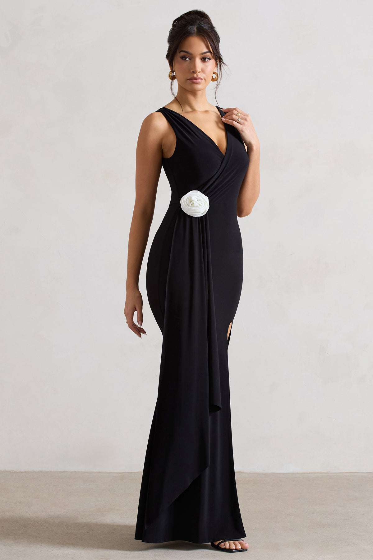 Endora Black Split Maxi Dress With Corsage & Drape – Club L London - UK