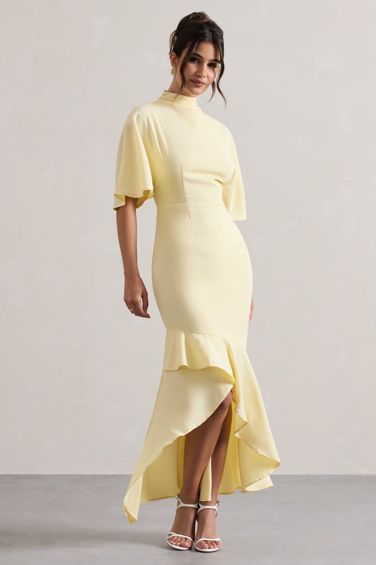 Lavinia Pastel Yellow High-Neck Flutter-Sleeve Asymmetric Maxi 