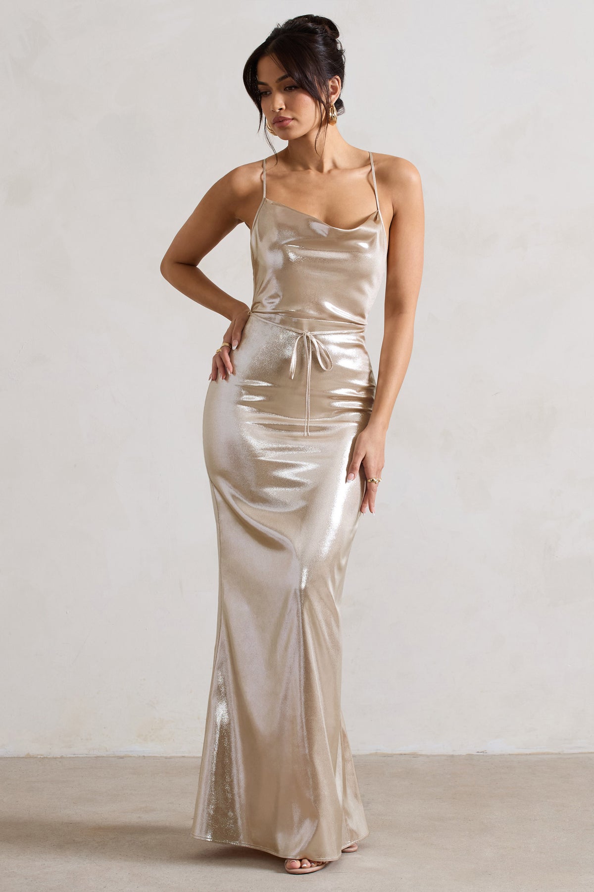 All In Time Champagne Metallic Cowl Neck Maxi Dress With Cross Back Club L London UK