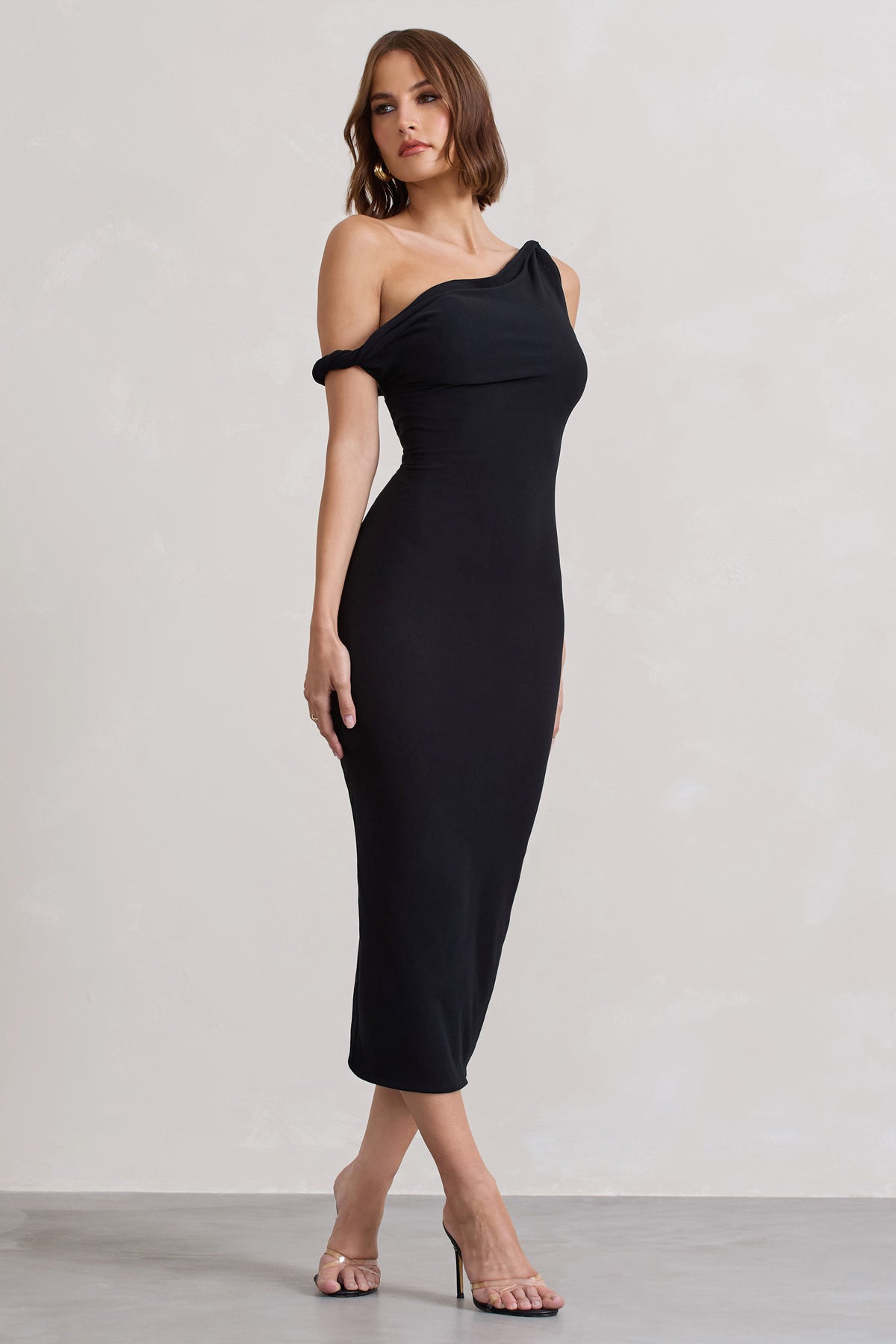 Salome | Chocolate Brown Twisted Asymmetric Maternity Midi Dress main image 0