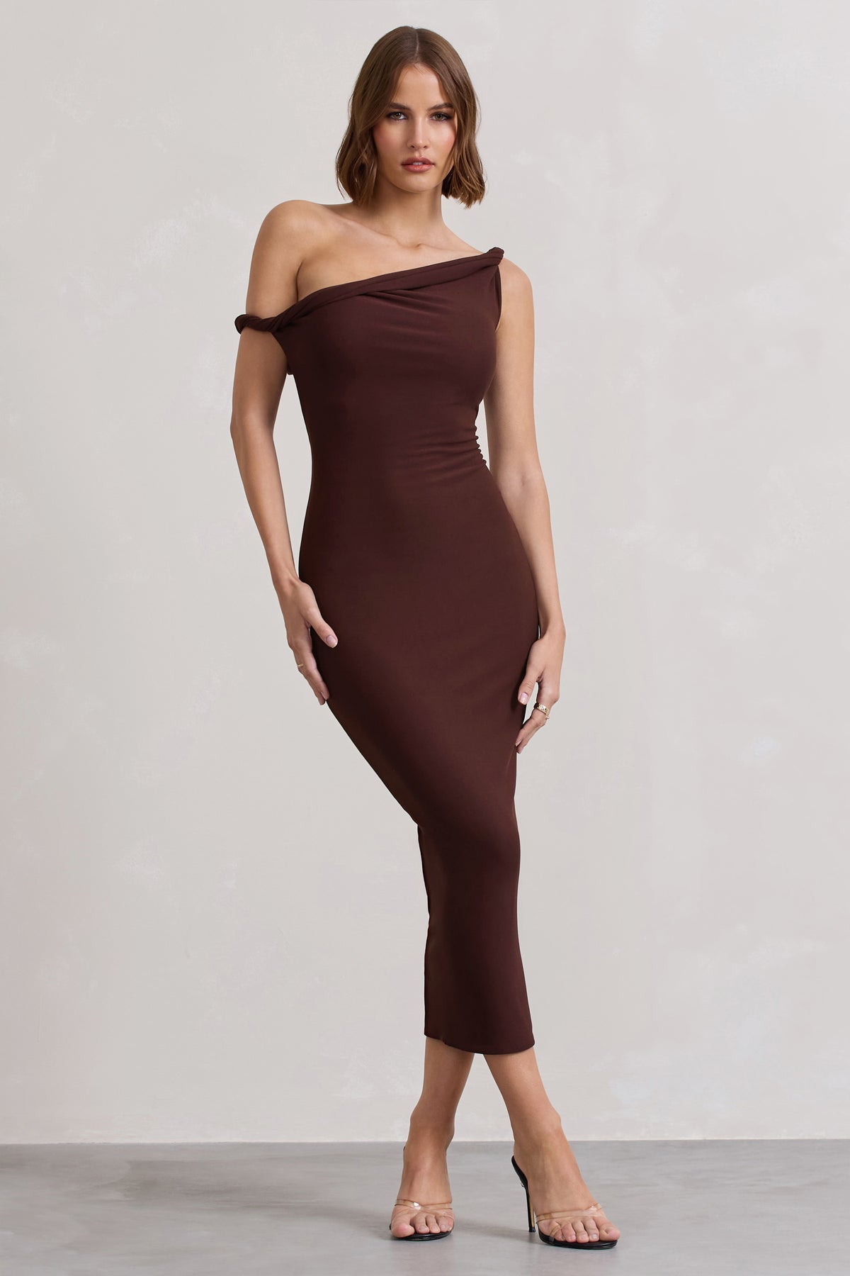 Salome | Chocolate Brown Twisted Asymmetric Maternity Midi Dress