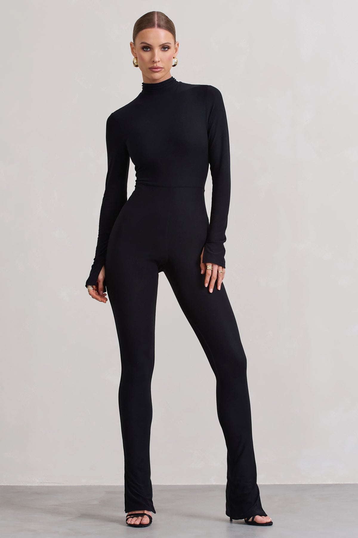 Elevated Black High-Neck Slim-Leg Jumpsuit With Long Sleeves – Club L ...